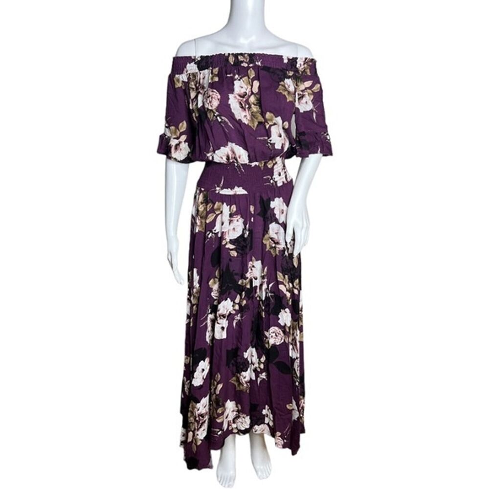 Jaase Dress Womens Small Plum‎ Skies Purple White Floral Leah Maxi Off Shoulder